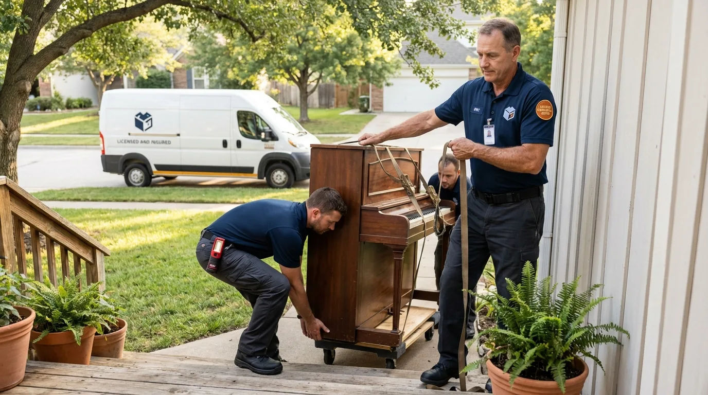 Licensed piano movers securing grand piano in Ozark, MO