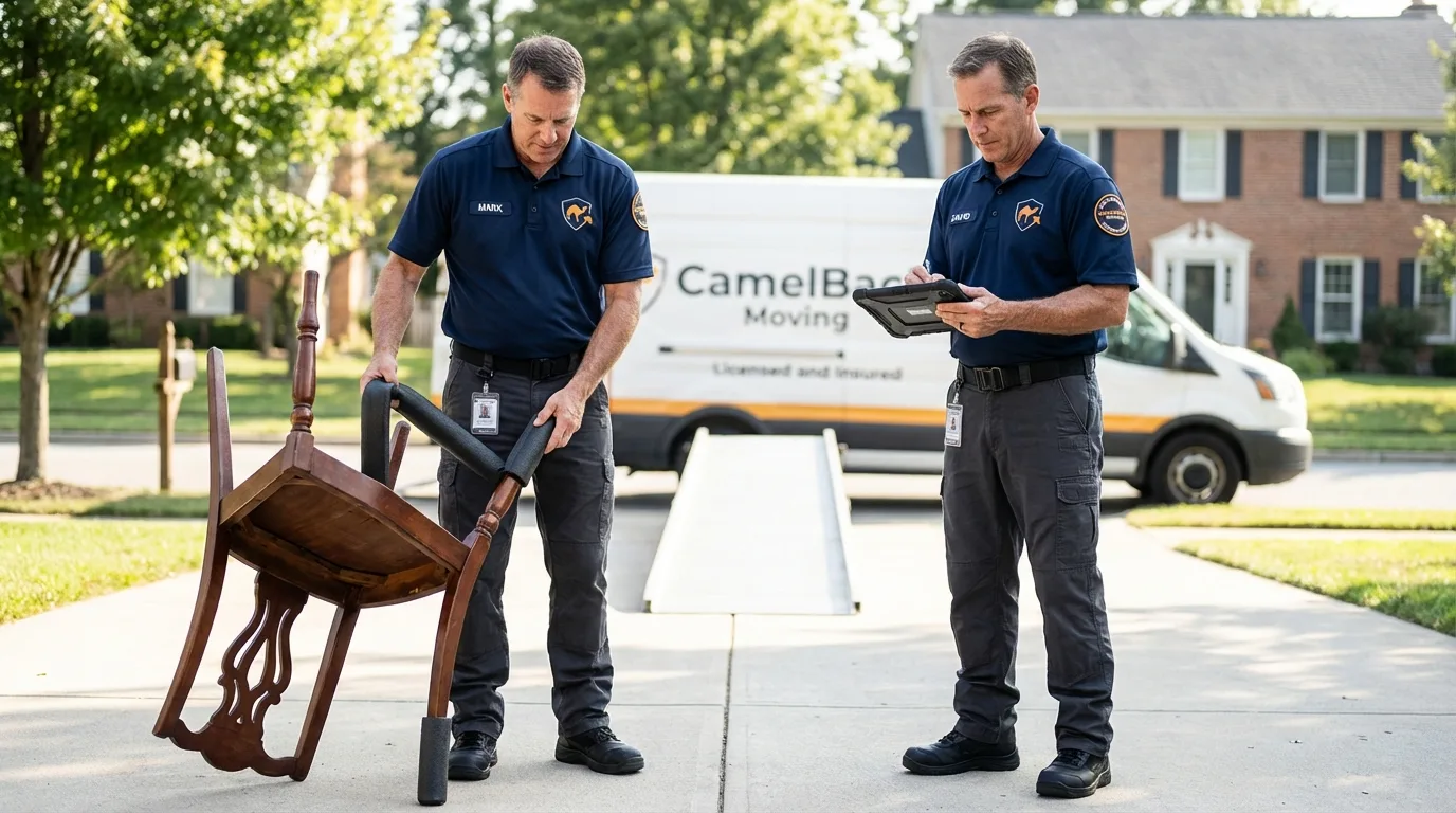 Movers inspecting furniture for damage prevention before loading in Ozark, MO