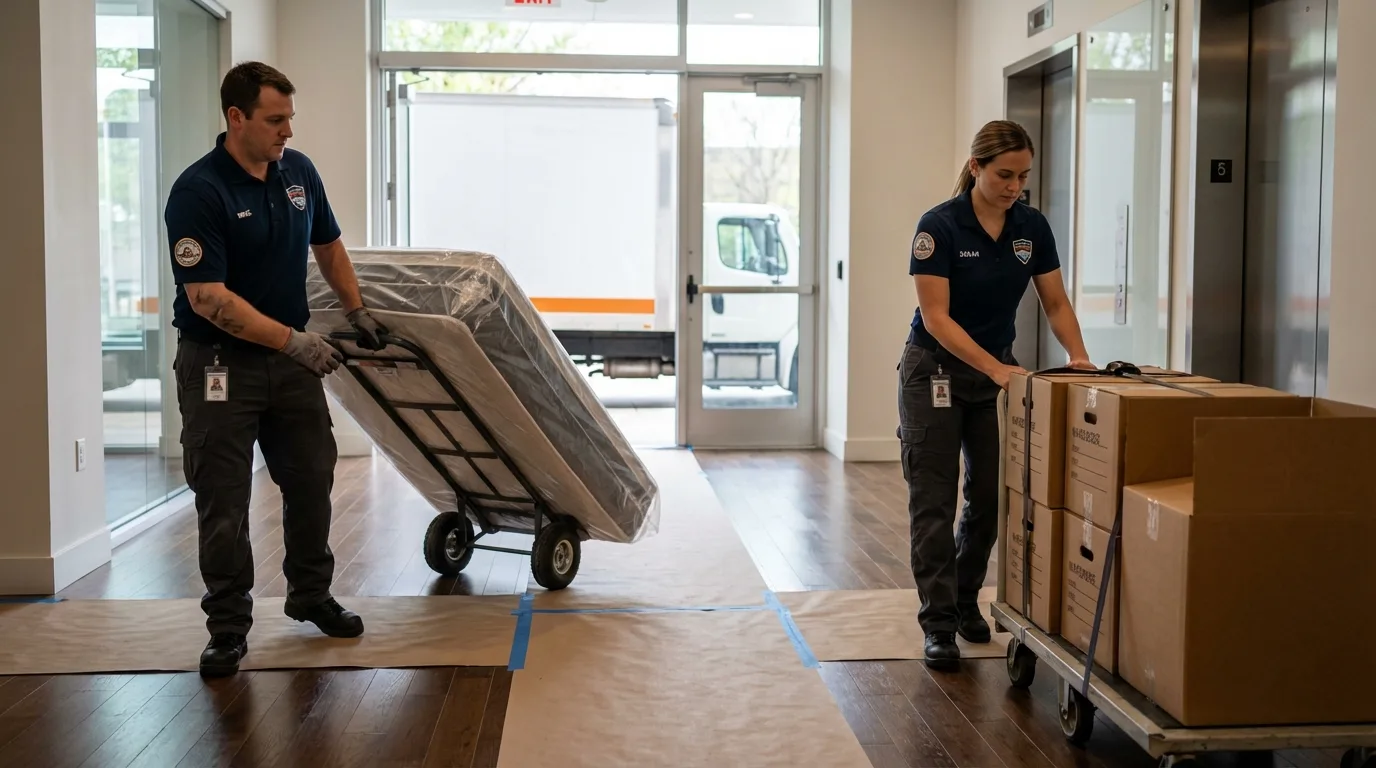 Professional apartment movers loading elevator in Ozark, MO