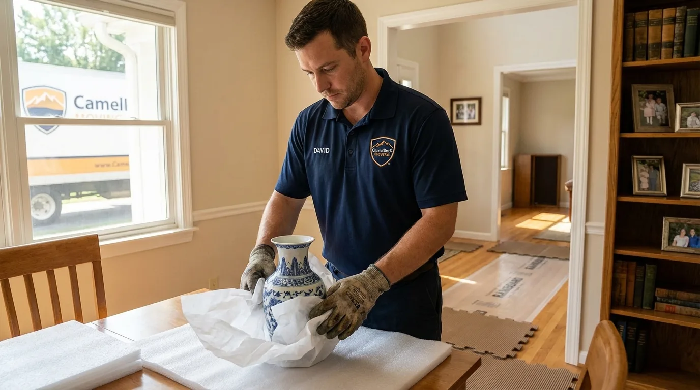 Professional crew carefully wrapping antique vase for senior downsizing move in Ozark, MO